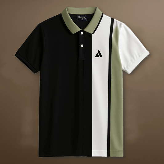 Black Polo T-Shirt Pastel Green & White Vertical Stripes