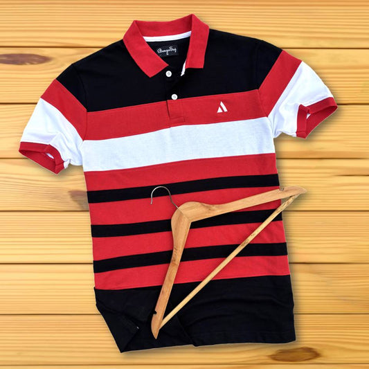 Stylish Men T-Shirt Red Collar, Black with White 3 Stripe