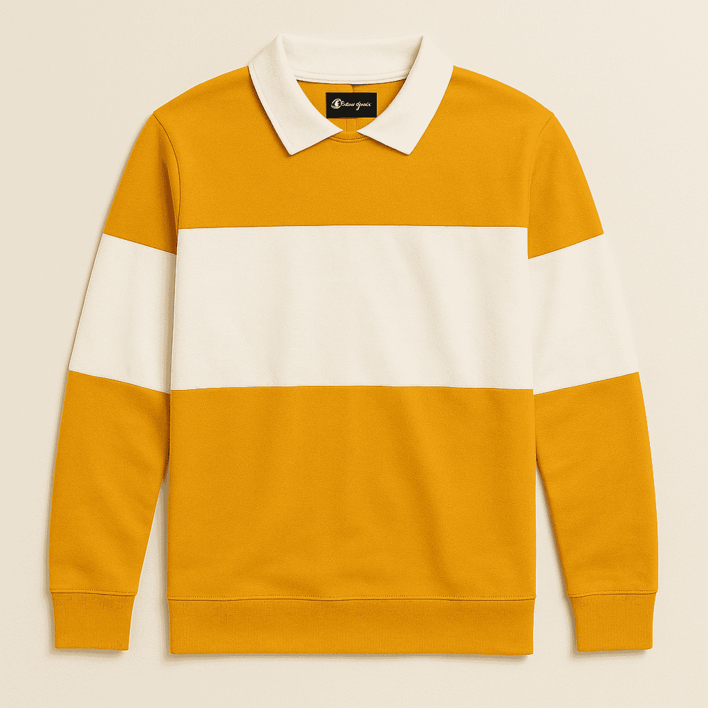 Men’s Mustard White Color-Block Lycra Full-Sleeve T-Shirt