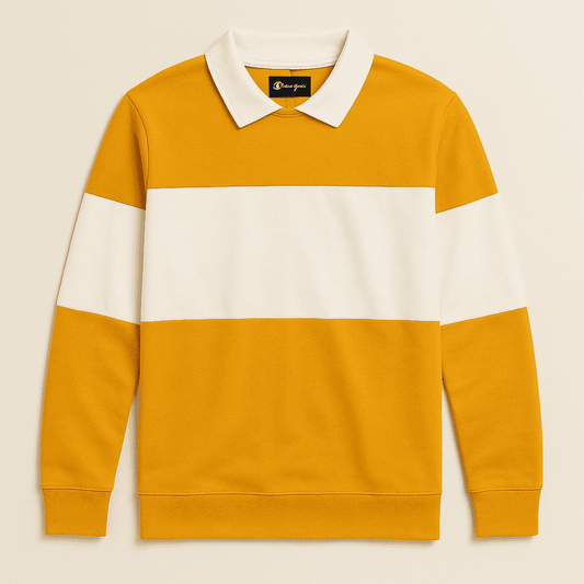 Men’s Mustard White Color-Block Lycra Full-Sleeve T-Shirt