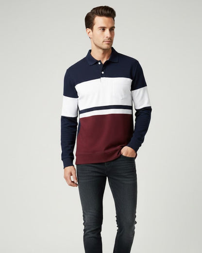 Men’s Full Sleeve Popcorn Fabric Polo T-Shirt – Navy Blue, White & Merun Colorblock