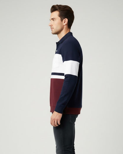 Men’s Full Sleeve Popcorn Fabric Polo T-Shirt – Navy Blue, White & Merun Colorblock