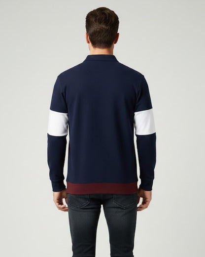 Men’s Full Sleeve Popcorn Fabric Polo T-Shirt – Navy Blue, White & Merun Colorblock