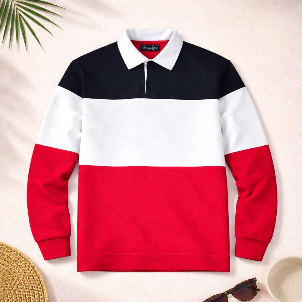 Full Sleeve Collar T-Shirt Black  White & Red