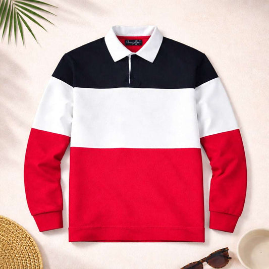 Full Sleeve Collar T-Shirt Black  White & Red