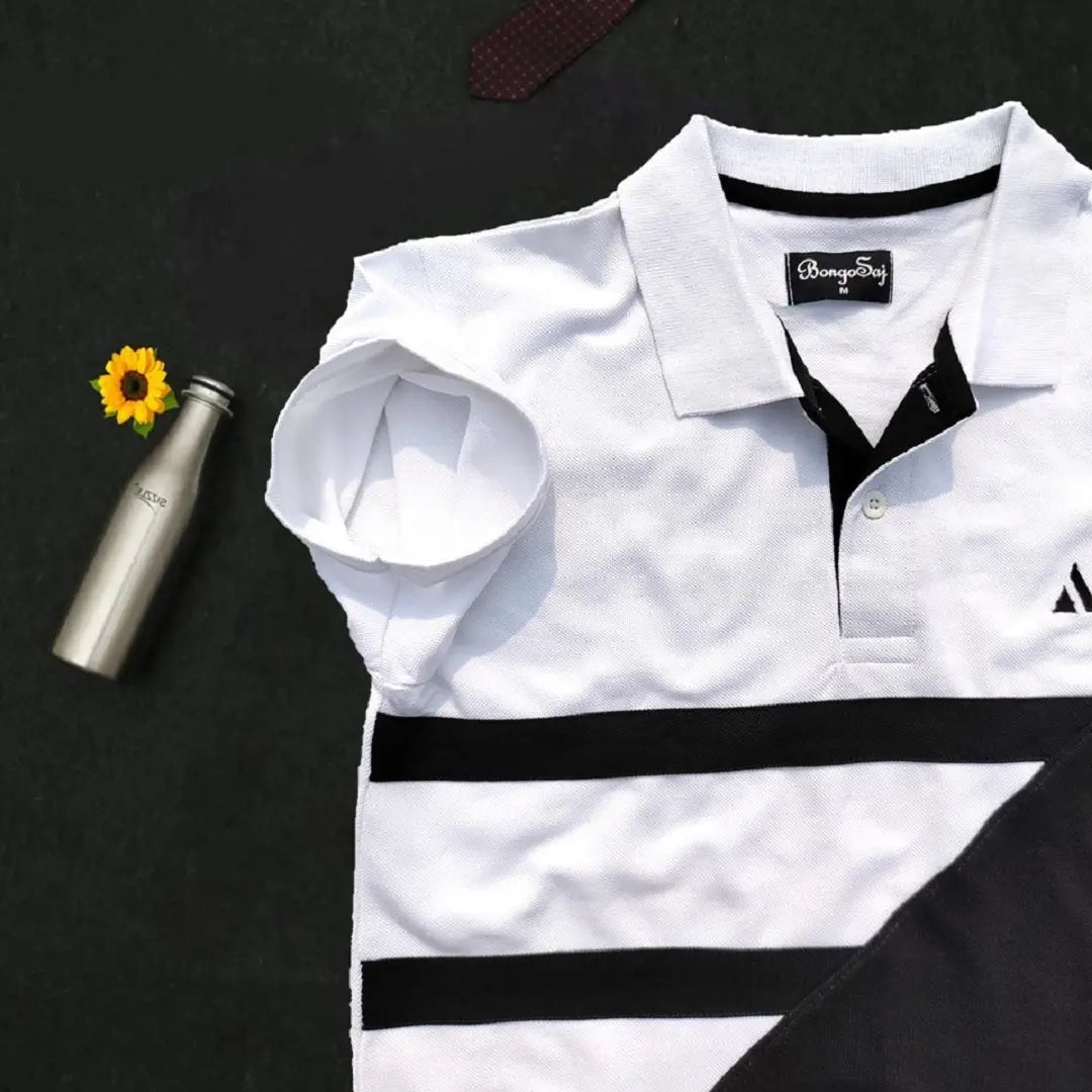 White & Black 3-Stripe Polo T-Shirt