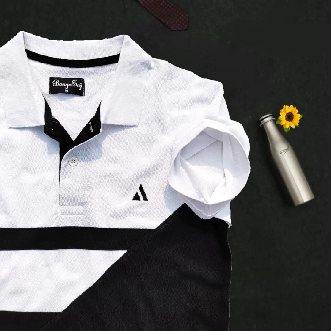 White & Black 3-Stripe Polo T-Shirt