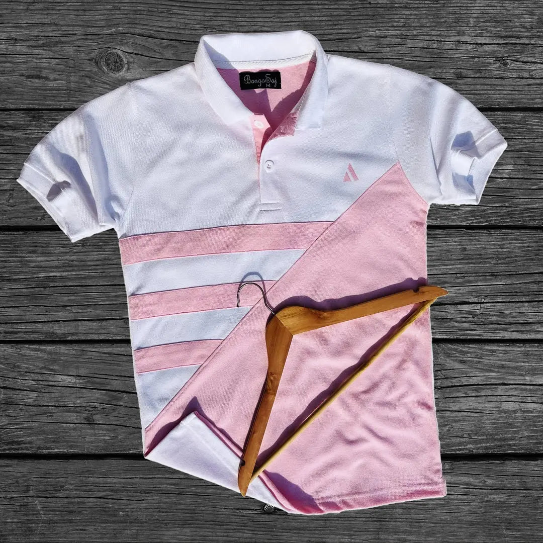 White & Rose Pink 3-Stripe Polo T-Shirt