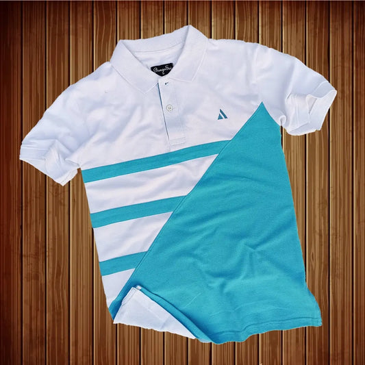 White & Sky Blue 3-Stripe Polo T-Shirt