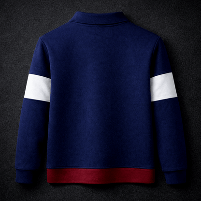 Men’s Full Sleeve Popcorn Fabric Polo T-Shirt – Navy Blue, White & Merun Colorblock