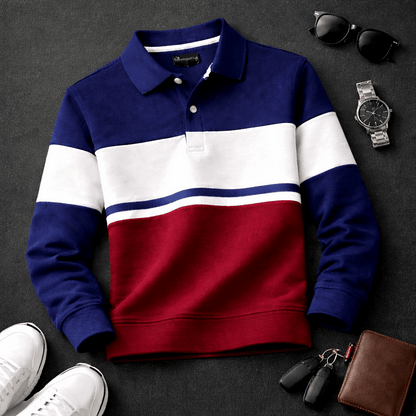 Men’s Full Sleeve Popcorn Fabric Polo T-Shirt – Navy Blue, White & Merun Colorblock
