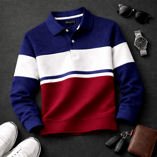 Men’s Full Sleeve Popcorn Fabric Polo T-Shirt – Navy Blue, White & Merun Colorblock