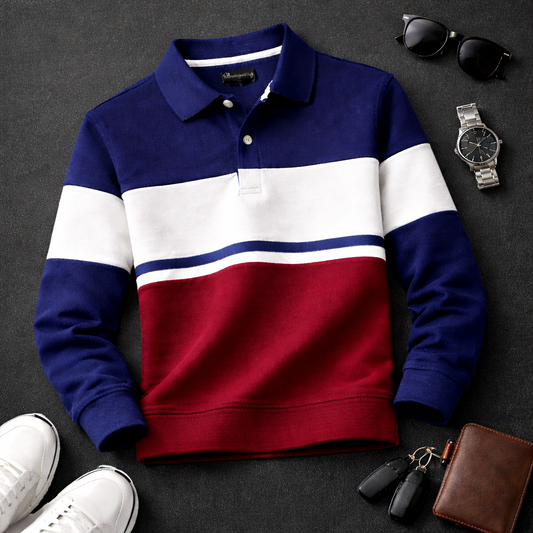 Men’s Full Sleeve Popcorn Fabric Polo T-Shirt – Navy Blue, White & Merun Colorblock