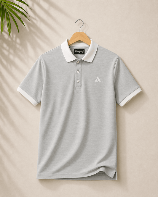 Classic Grey Polo T-Shirt | White Collar & Cuffs