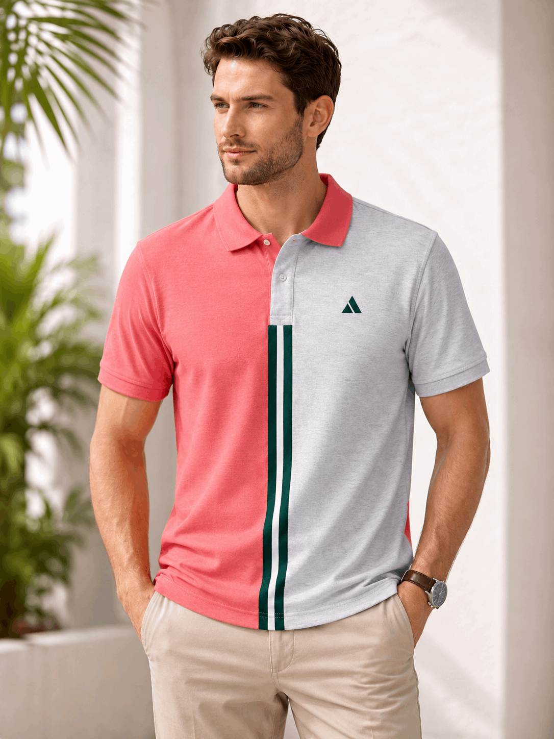 Dual Tone Polo T-Shirt – Coral Pink & Melange Grey