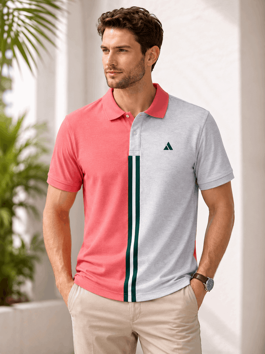 Dual Tone Polo T-Shirt – Coral Pink & Melange Grey