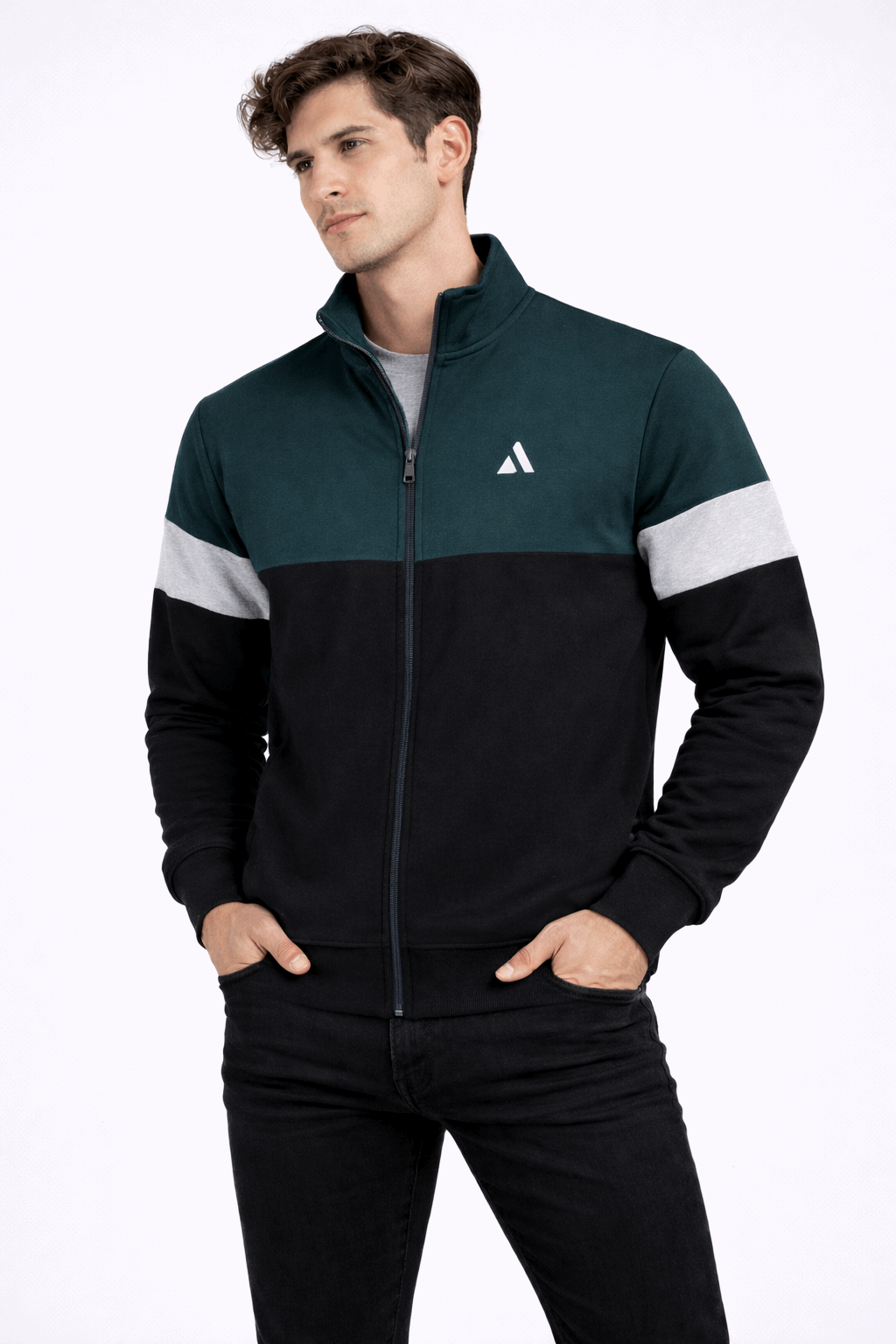 Men Full Sleeve Peacock Green with Navy blue, Sweat Jacket