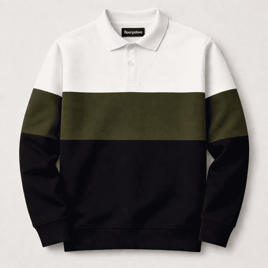 Premium Polo T-Shirt White–Olive Green–Black Colorblock