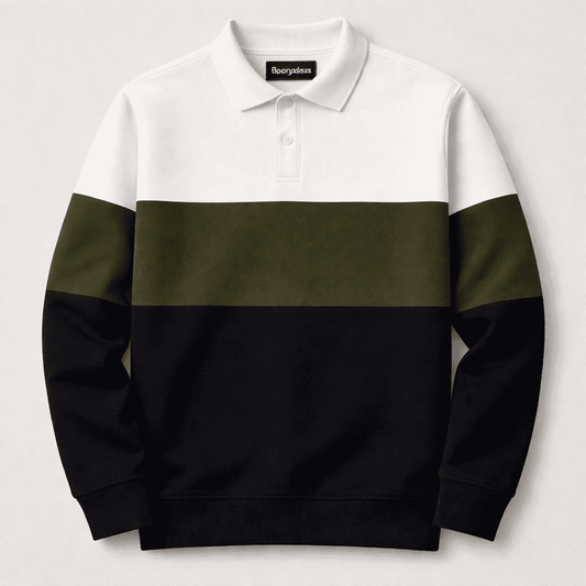 Premium Polo T-Shirt White–Olive Green–Black Colorblock