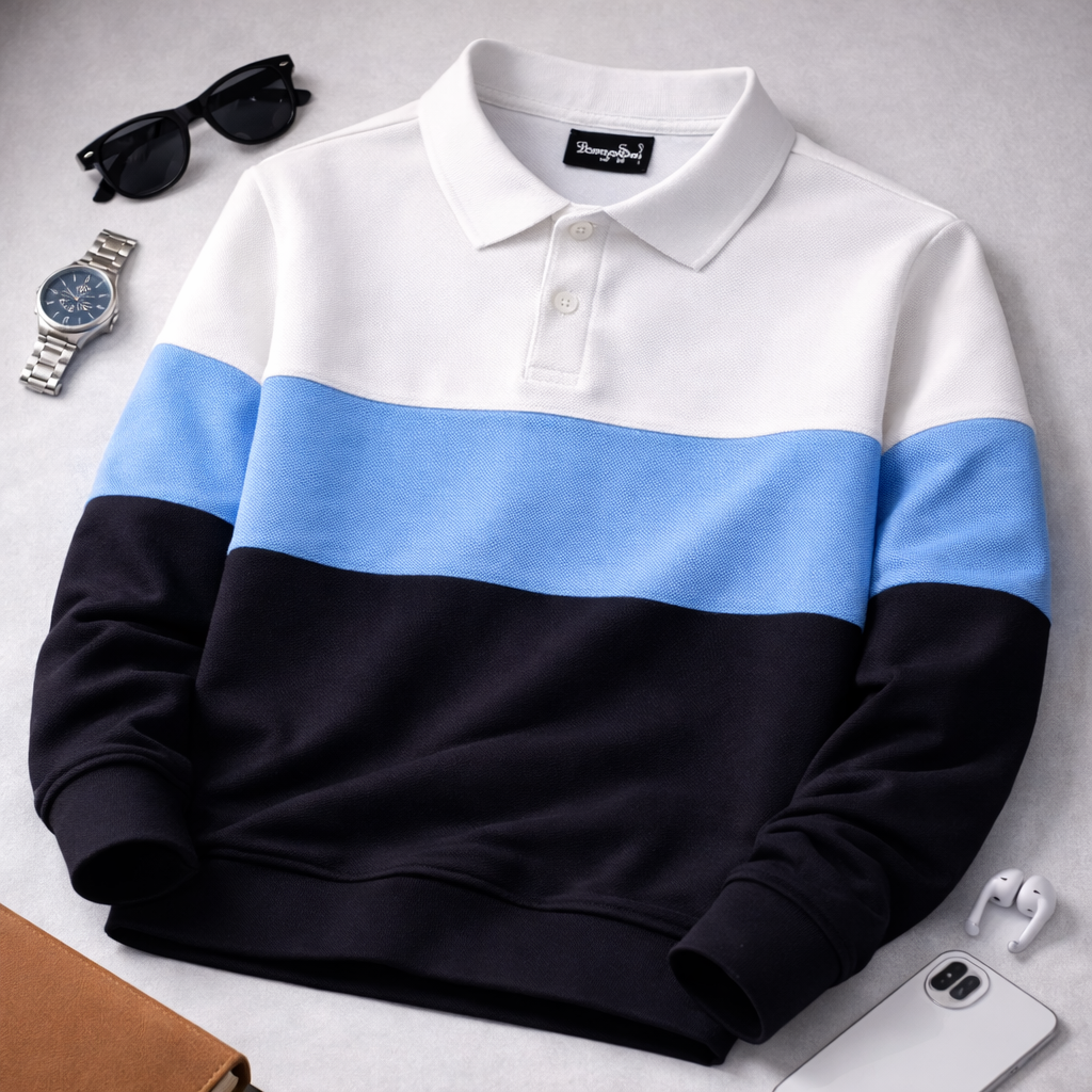 Men’s Colorblock Popcorn Fabric T shirt – White, Sky Blue & Black