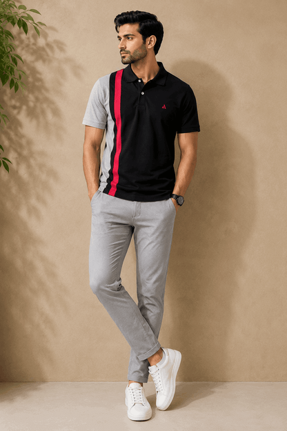 Dark Melange Grey with Red vertical stripe Polo T-Shirt
