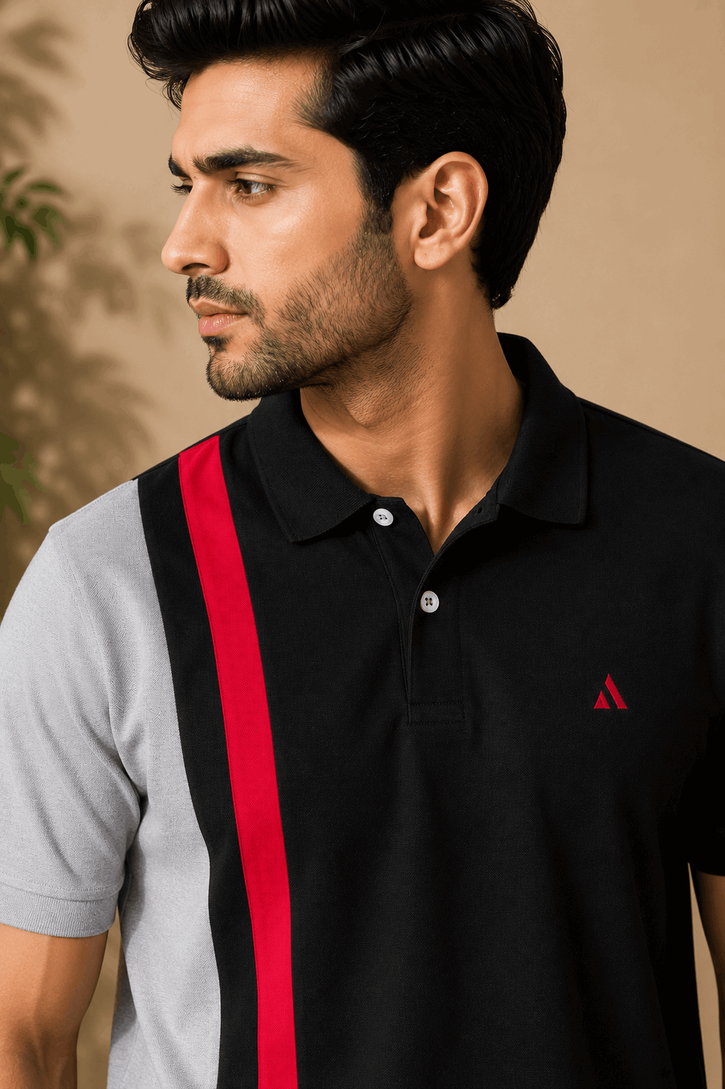 Dark Melange Grey with Red vertical stripe Polo T-Shirt