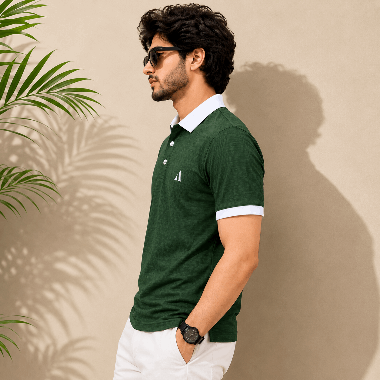 Classic Dark Green Polo T-Shirt | White Collar & Cuffs