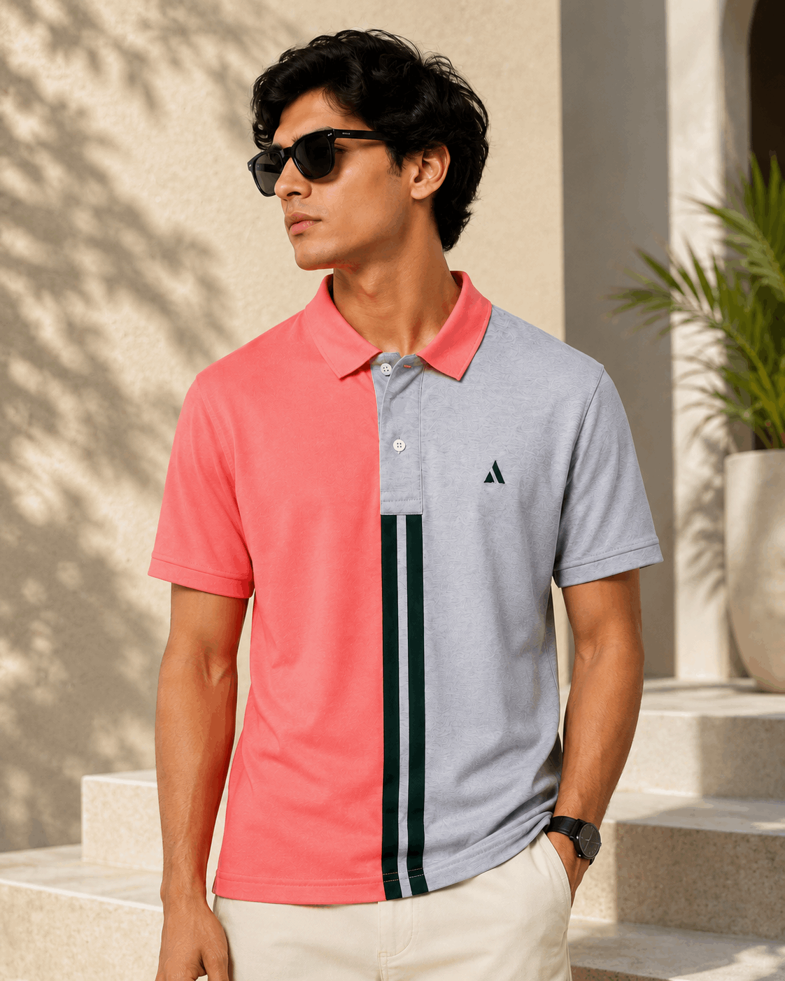 Sparkcolours Men's Coral Pink & Grey Colorblock Polo T-Shirt