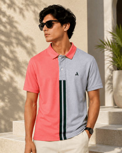 Sparkcolours Men's Coral Pink & Grey Colorblock Polo T-Shirt