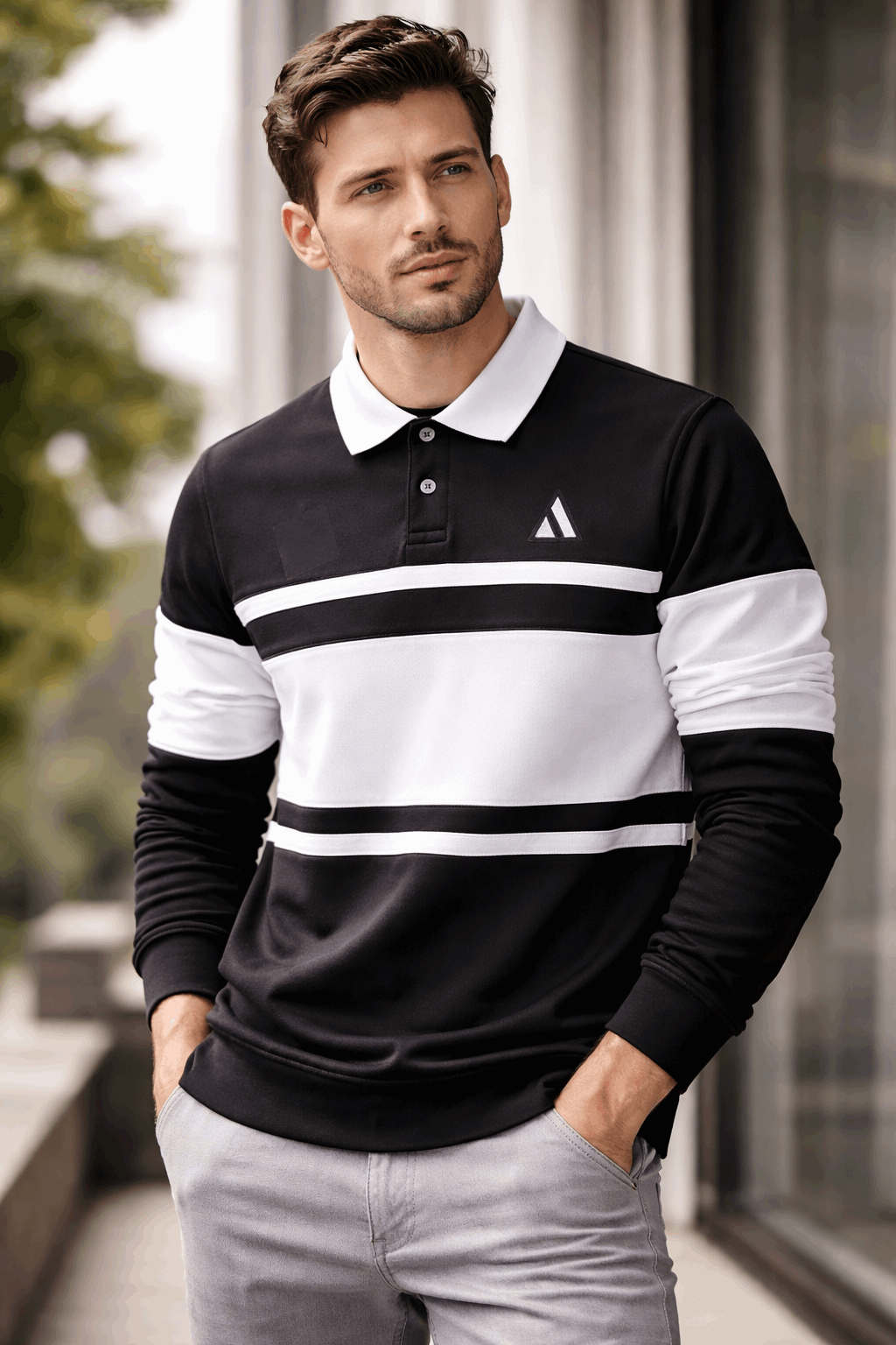 Full sleeve Collar Lycra T Shirt Black with White new