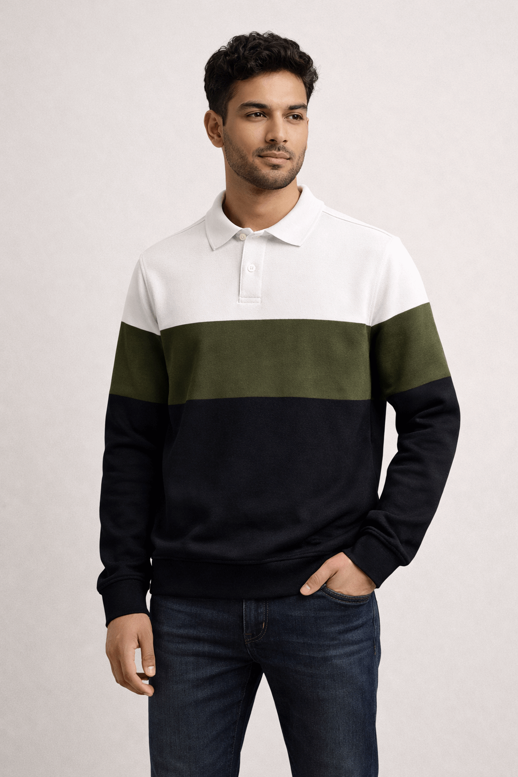 Premium Polo T-Shirt White–Olive Green–Black Colorblock