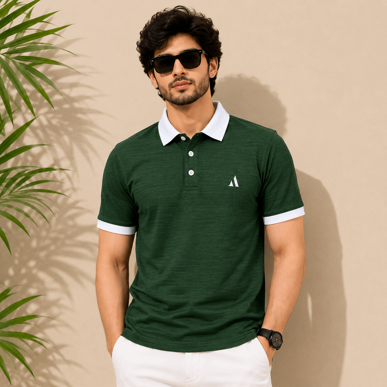 Classic Dark Green Polo T-Shirt | White Collar & Cuffs