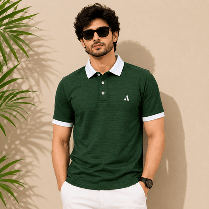 Classic Dark Green Polo T-Shirt | White Collar & Cuffs