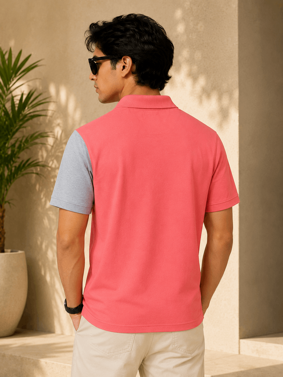 Sparkcolours Men's Coral Pink & Grey Colorblock Polo T-Shirt