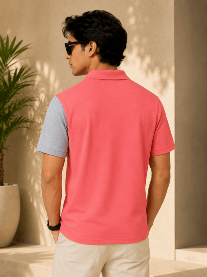 Sparkcolours Men's Coral Pink & Grey Colorblock Polo T-Shirt
