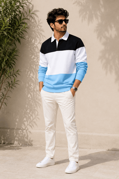 Sky Blue & White Full-Sleeve T-Shirt