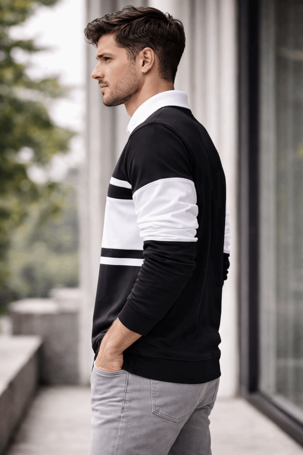 Full sleeve Collar Lycra T Shirt Black with White new