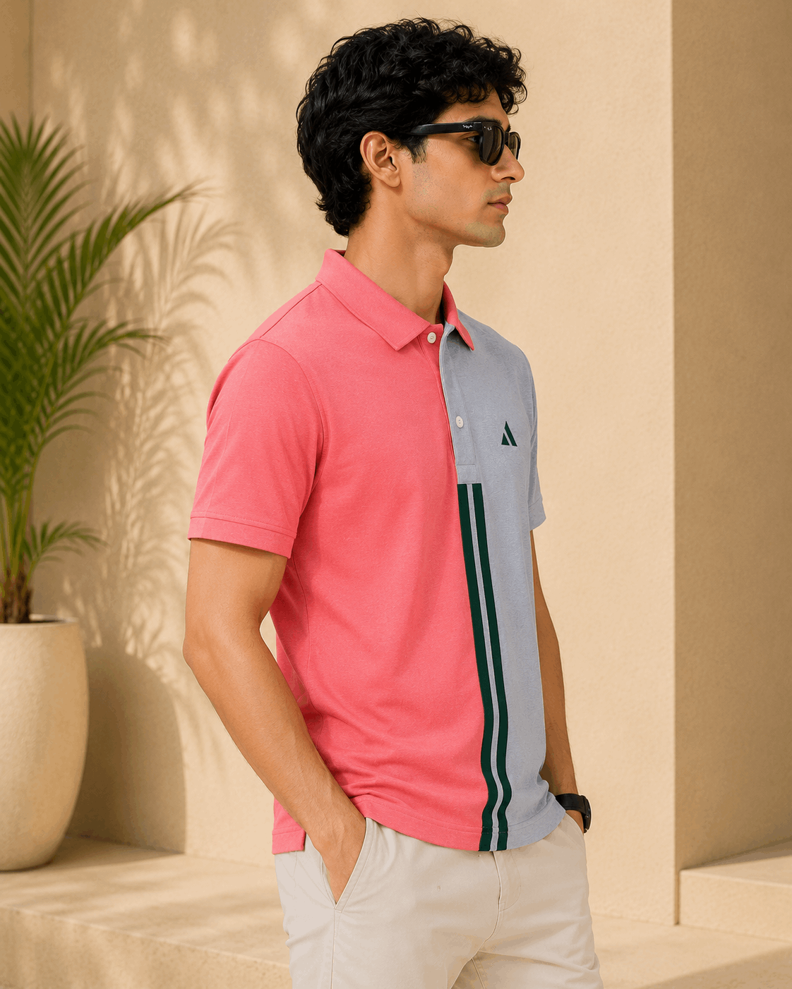 Sparkcolours Men's Coral Pink & Grey Colorblock Polo T-Shirt