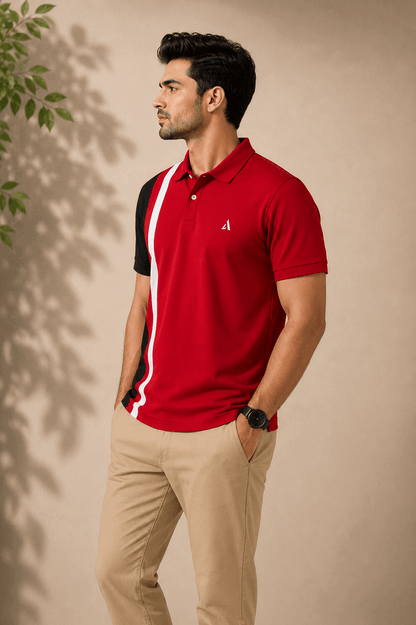 Red Black with white vertical stripe Polo T-Shirt