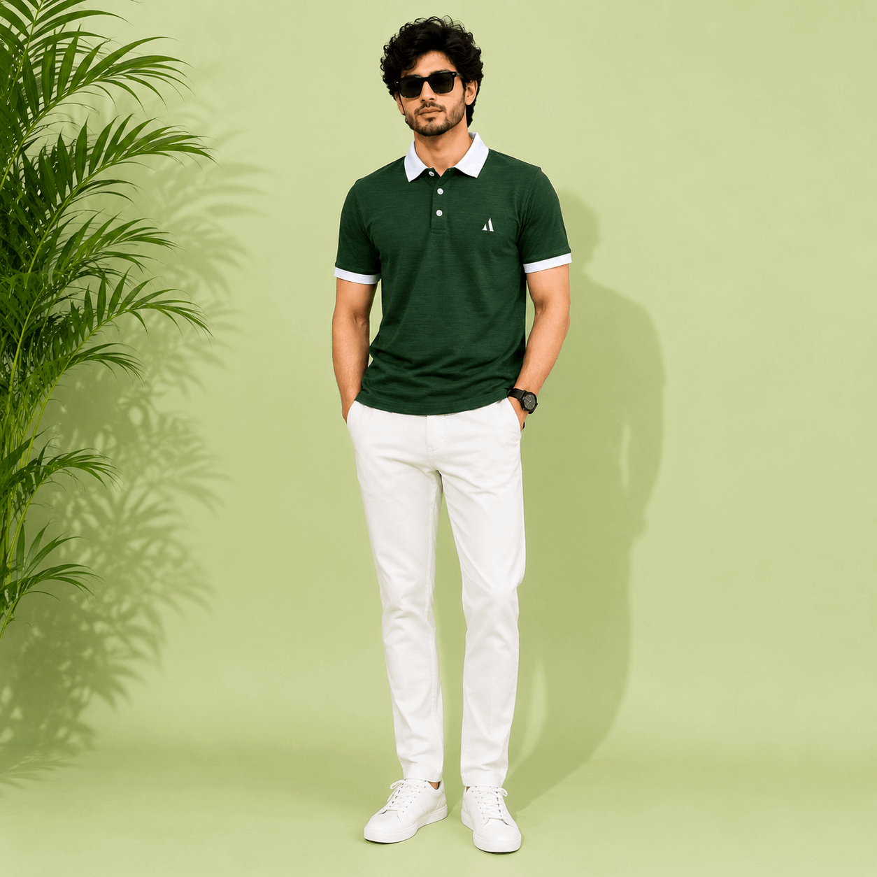 Classic Dark Green Polo T-Shirt | White Collar & Cuffs