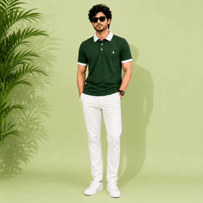 Classic Dark Green Polo T-Shirt | White Collar & Cuffs