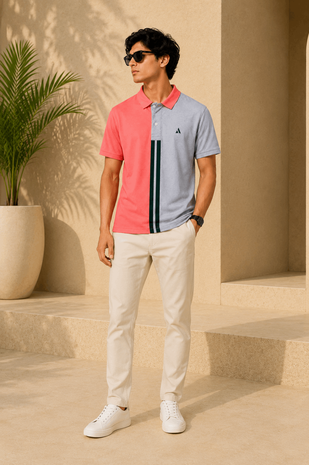 Sparkcolours Men's Coral Pink & Grey Colorblock Polo T-Shirt
