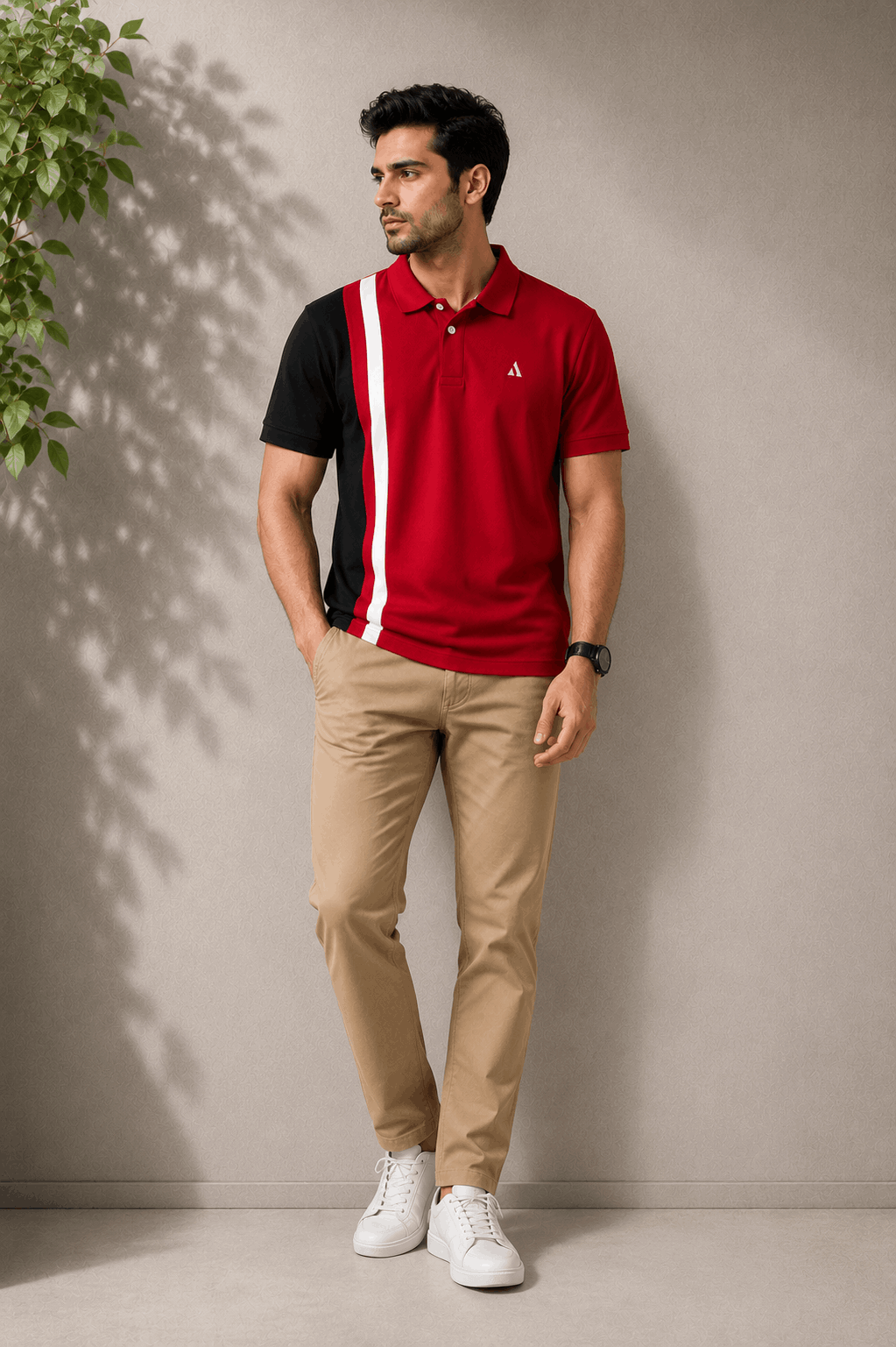 Red Black with white vertical stripe Polo T-Shirt