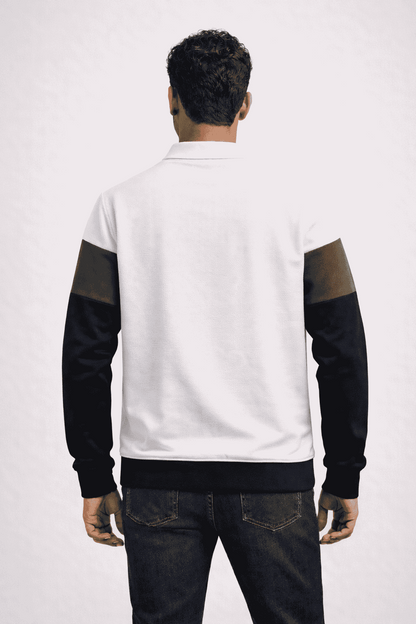 Premium Polo T-Shirt White–Olive Green–Black Colorblock