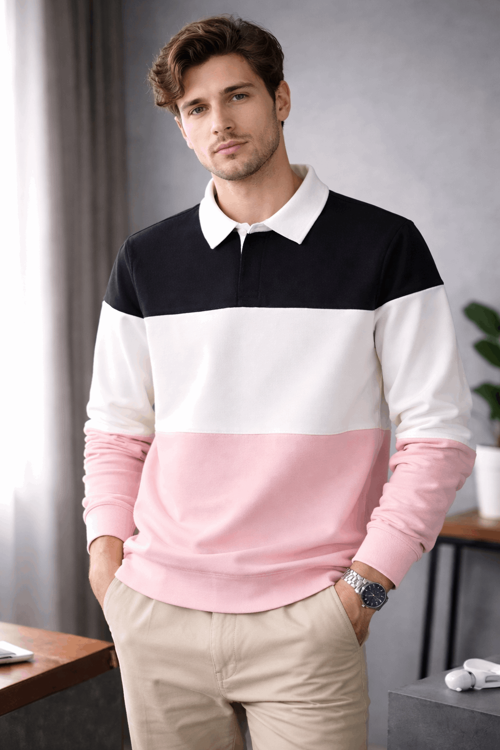 Men’s Colorblock Lycra Fabric T shirt – White, Pink & Black