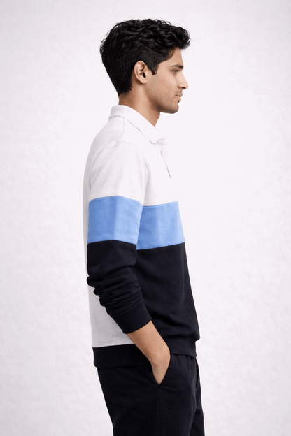 Men’s Colorblock Popcorn Fabric T shirt – White, Sky Blue & Black