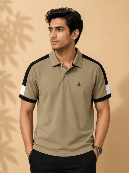 Men's Khaki Olive Colour Block Premium Polo T-Shirt Shoulder Cut