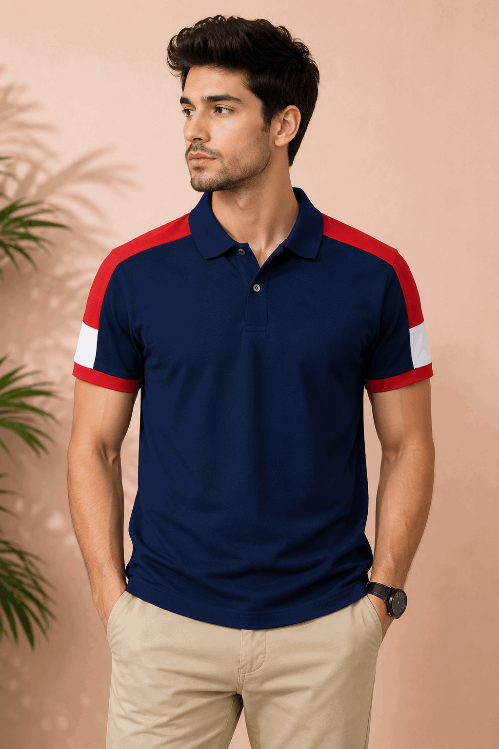 Navy Blue Polo T-Shirt with Red Shoulder Cut
