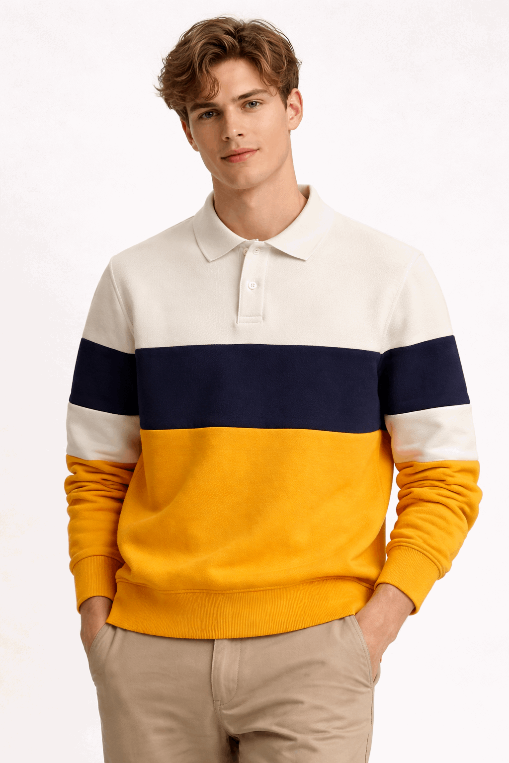 Premium Polo T-Shirt White–Mustard yellow–Black Colorblock