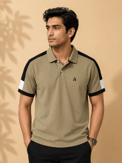 Men's Khaki Olive Colour Block Premium Polo T-Shirt Shoulder Cut